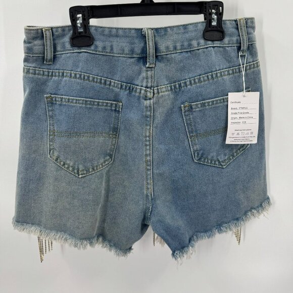 PTKPCC Womens Distressed Denim Shorts With Rhinestone Fringe XL - Picture 4 of 5